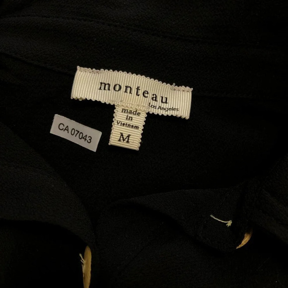 Monteau Ruffled Cap Wing Sleeve Midi Dress Wood Buttons Tie Waist Black Medium - Picture 7 of 8